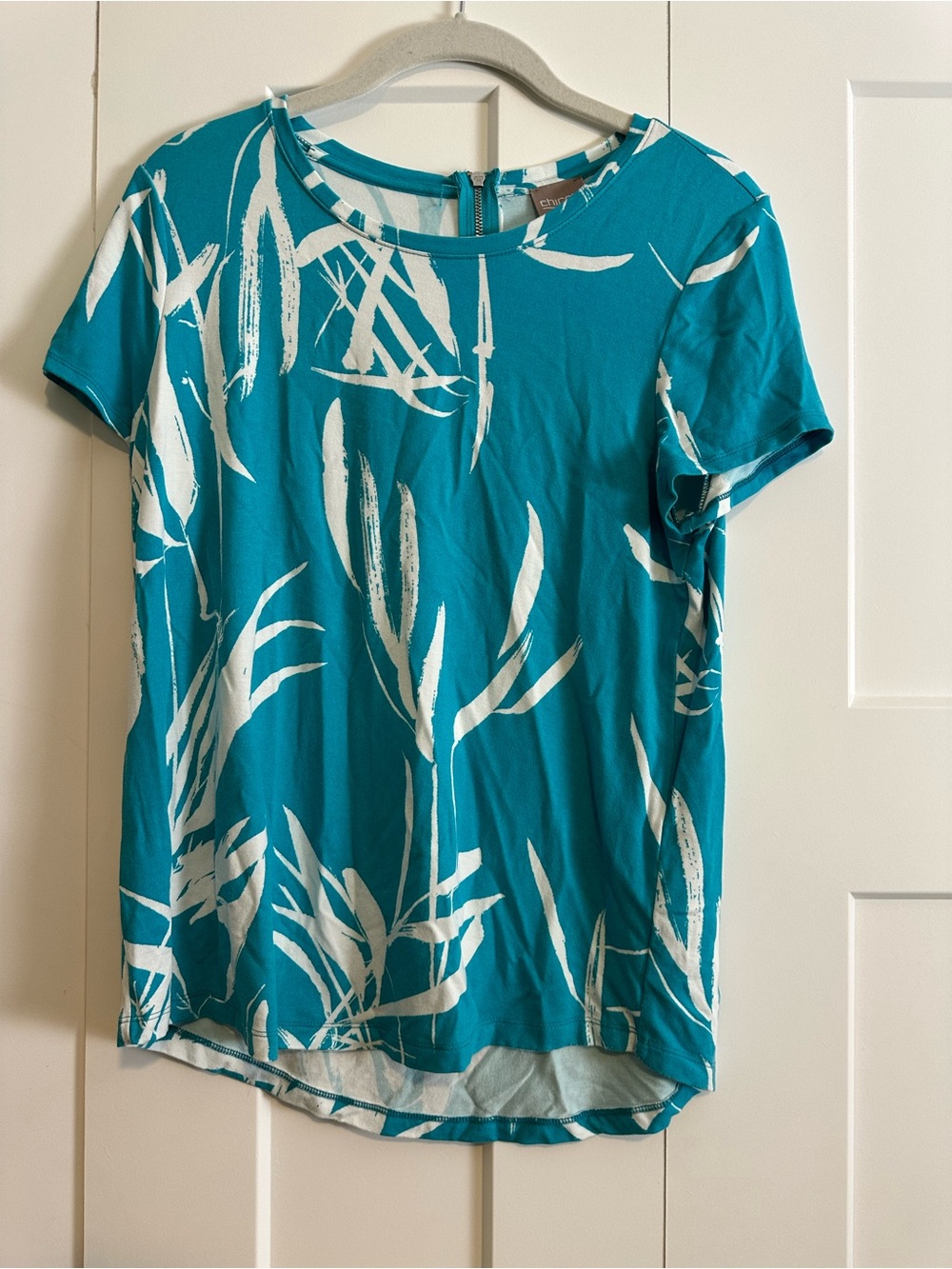 Chico's Teal Short-Sleeve Top with White Botanical Motif